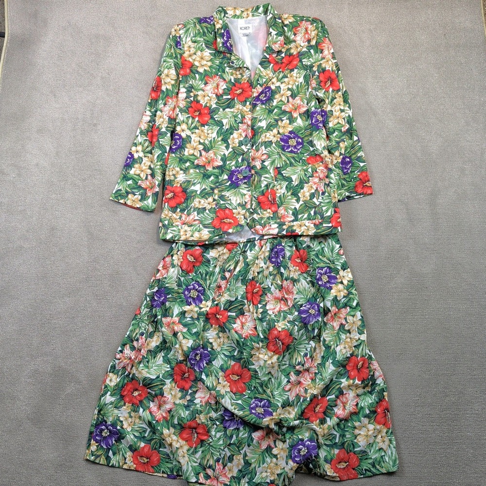 Koret Vintage Skirt Set Womens Medium Tropical Floral Blazer Midi Skirt 2 Piece